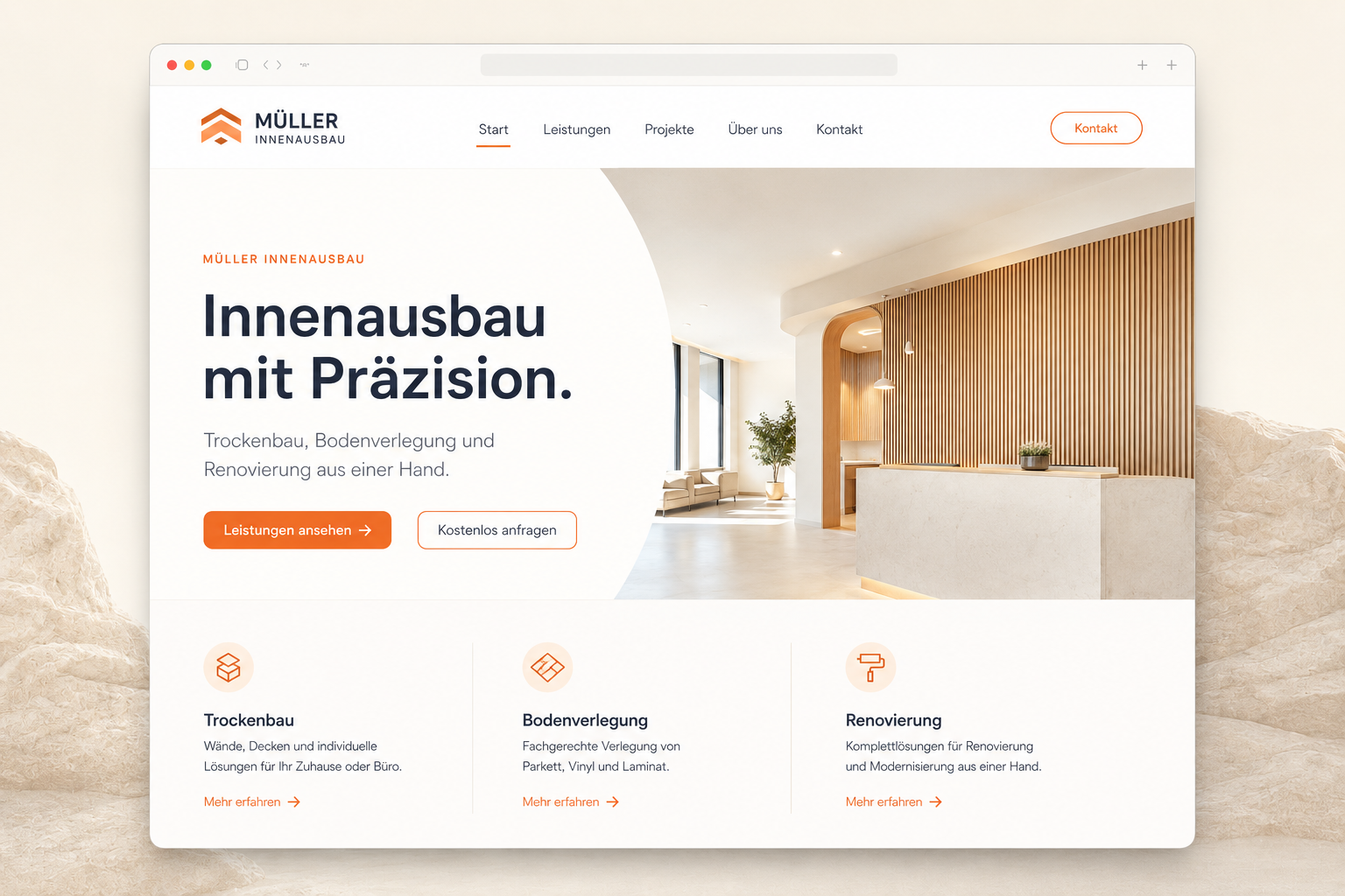 Beispiel einer modernen Unternehmenswebsite für einen Innenausbau-Betrieb