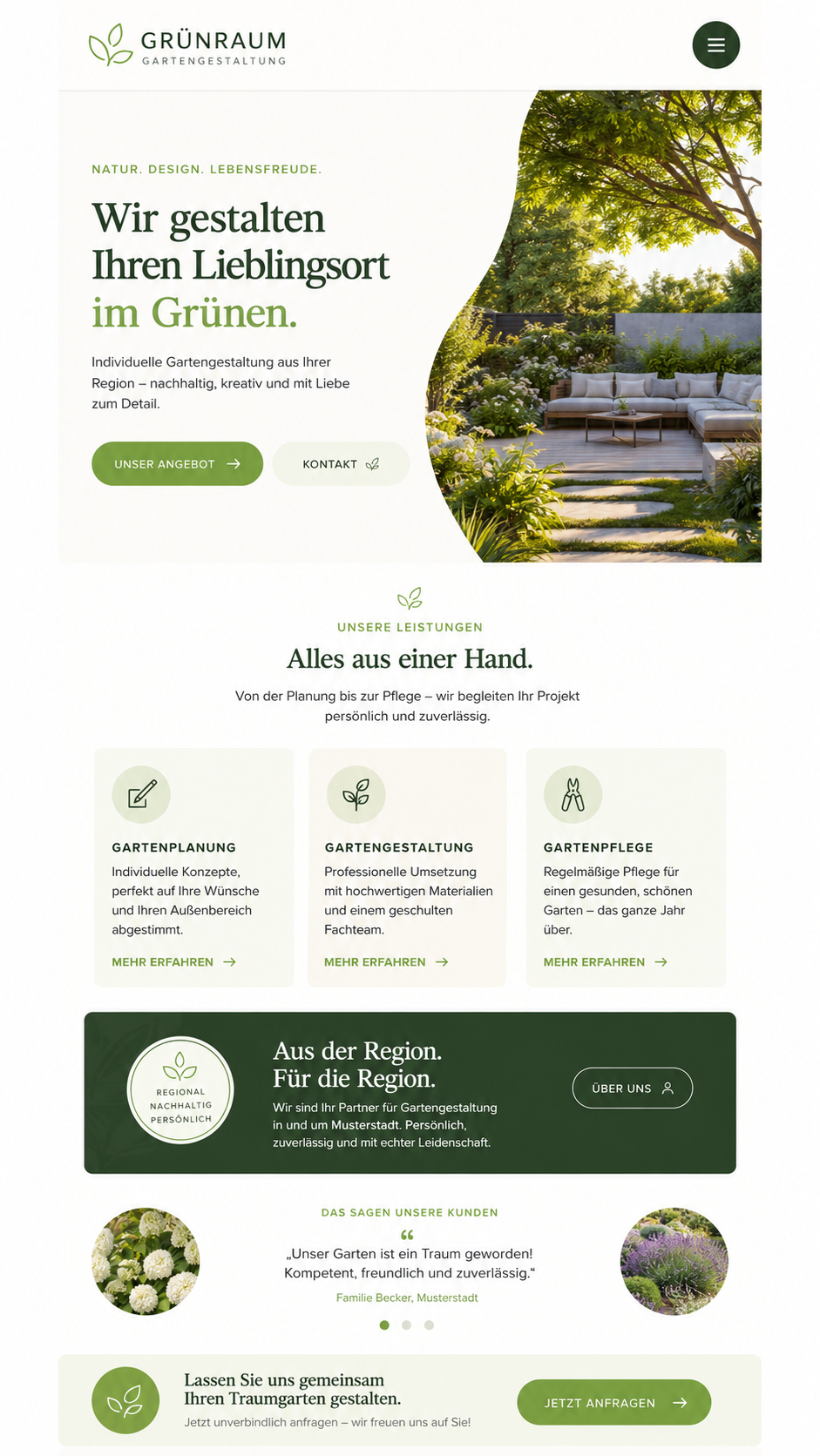 Hochformatige mobile Beispielwebsite einer Gartengestaltung